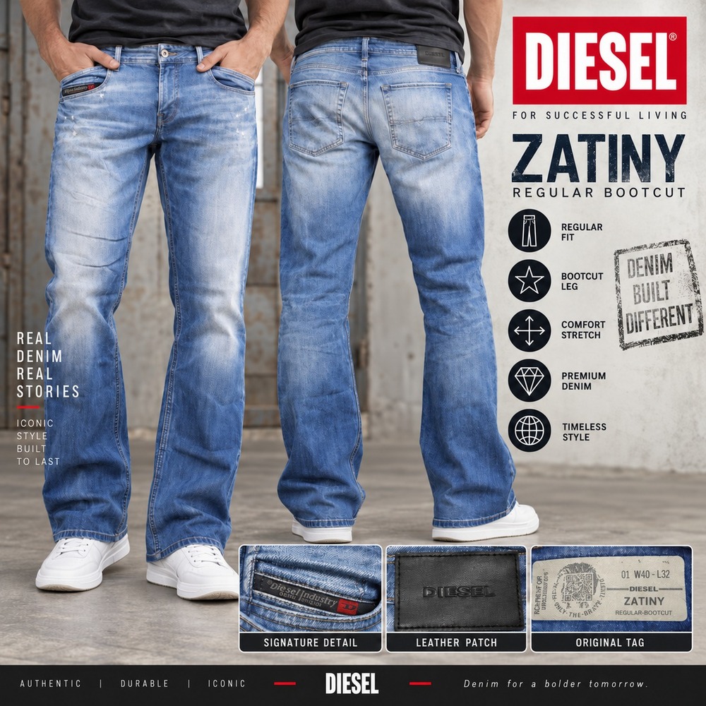 Diesel Zatiny Men W40 L32 Blue Distressed Bootcut Jeans Stretch Denim Button Fly